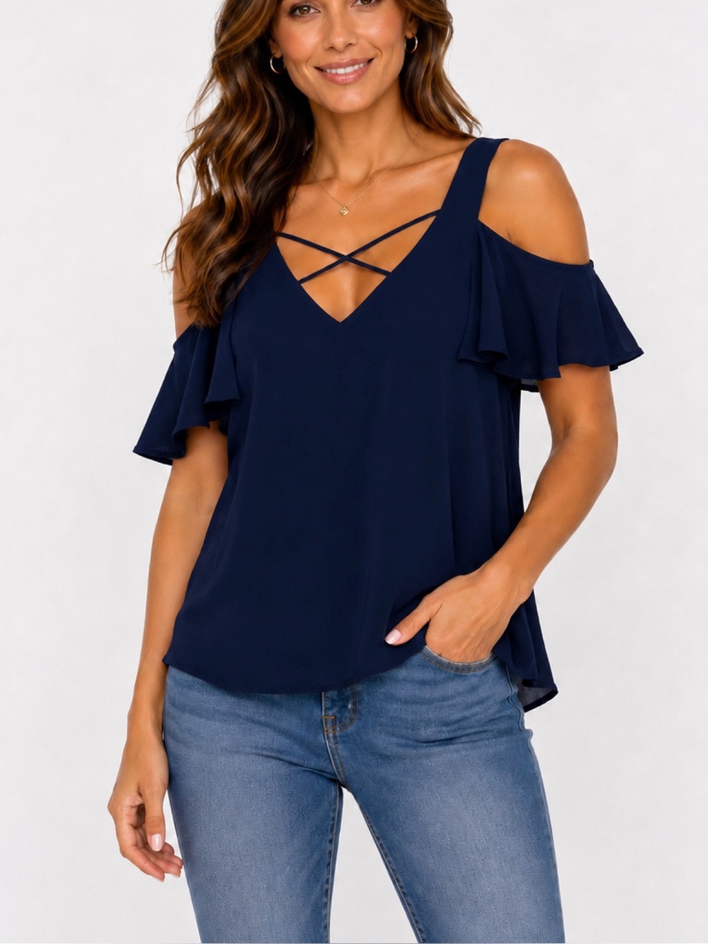 MINE navy blue cold shoulder blouse